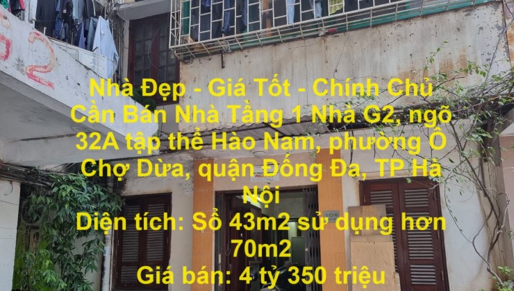 Nhà Đẹp - Giá Tốt - Chính Chủ Cần Bán Nhà Tầng 1 nhà G2,ngõ 32A TT Hào Nam đối diện nhạc viện HN